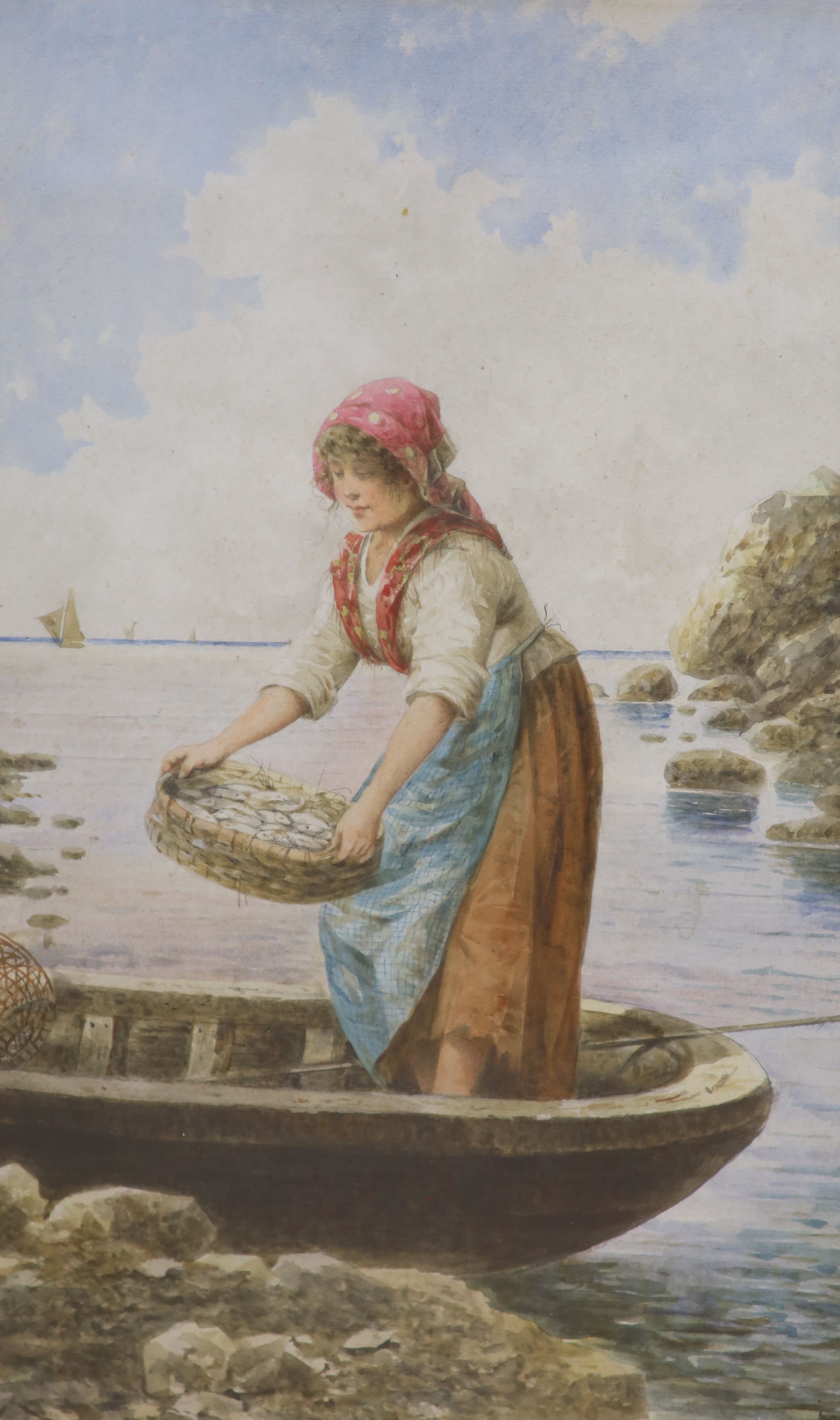 D. Lari (Italian, 19th century), Young fisherwoman with her catch, indistinctly signed, watercolour, 47.5 x 29.5cm
